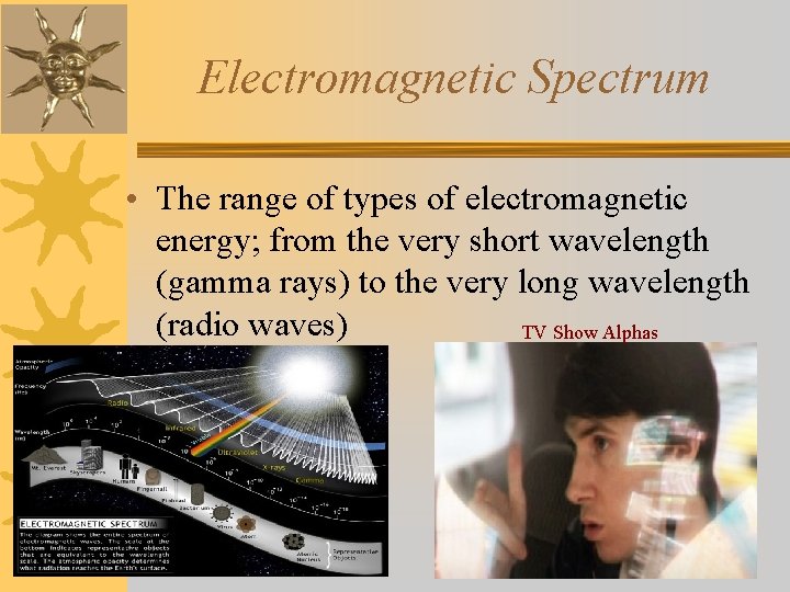 Electromagnetic Spectrum • The range of types of electromagnetic energy; from the very short