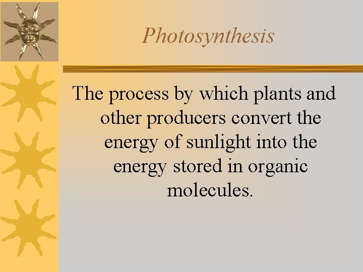 Photosynthesis The process by which plants and other producers convert the energy of sunlight