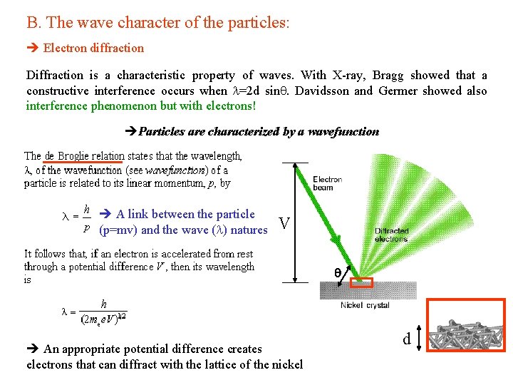 B. The wave character of the particles: Electron diffraction Diffraction is a characteristic property