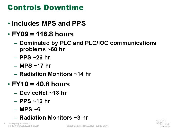 Controls Downtime • Includes MPS and PPS • FY 09 = 116. 8 hours