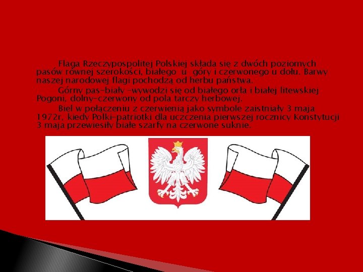 Flaga Rzeczypospolitej Polskiej składa się z dwóch poziomych pasów równej szerokości, białego u góry