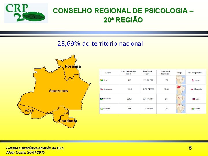 CONSELHO REGIONAL DE PSICOLOGIA – 20ª REGIÃO 25, 69% do território nacional Roraima Amazonas