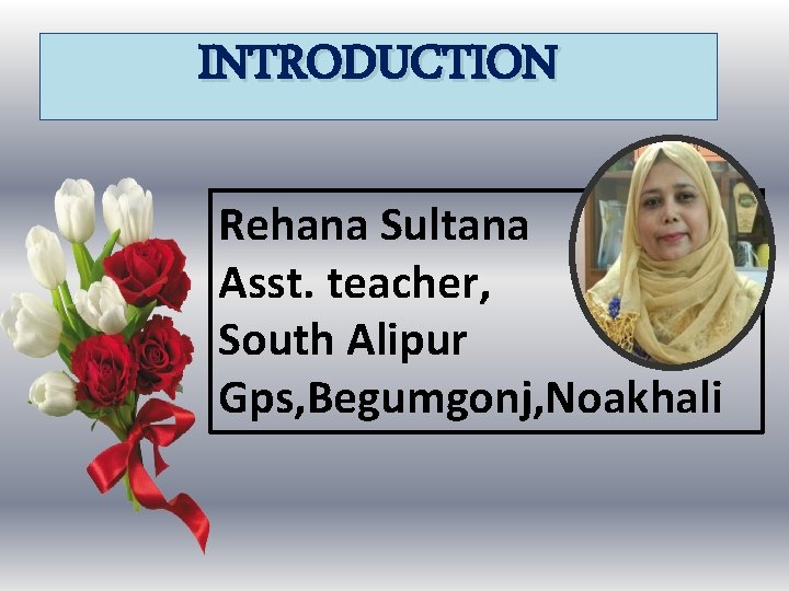 INTRODUCTION Rehana Sultana Asst. teacher, South Alipur Gps, Begumgonj, Noakhali 