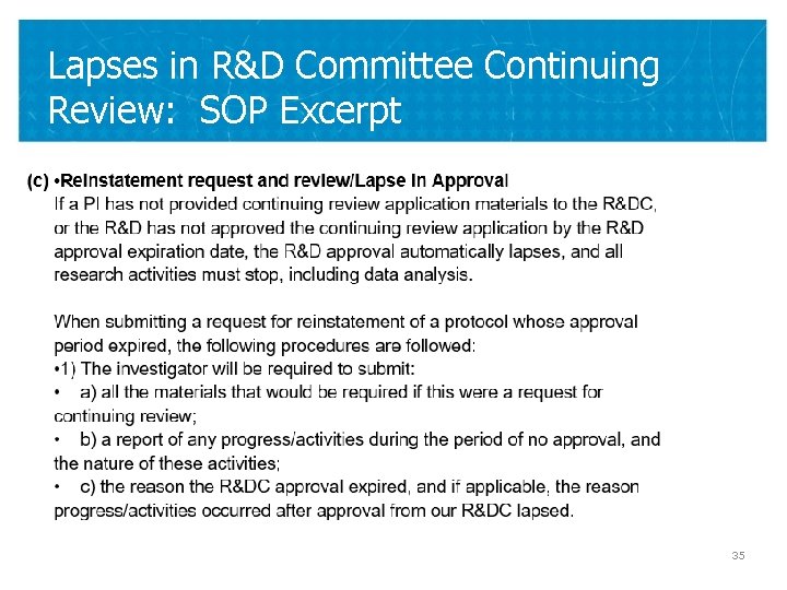 Lapses in R&D Committee Continuing Review: SOP Excerpt 35 