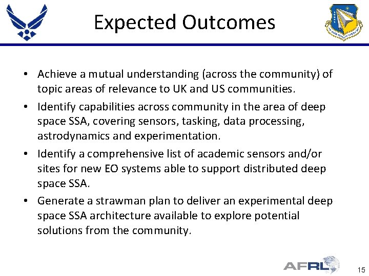 Expected Outcomes • Achieve a mutual understanding (across the community) of topic areas of