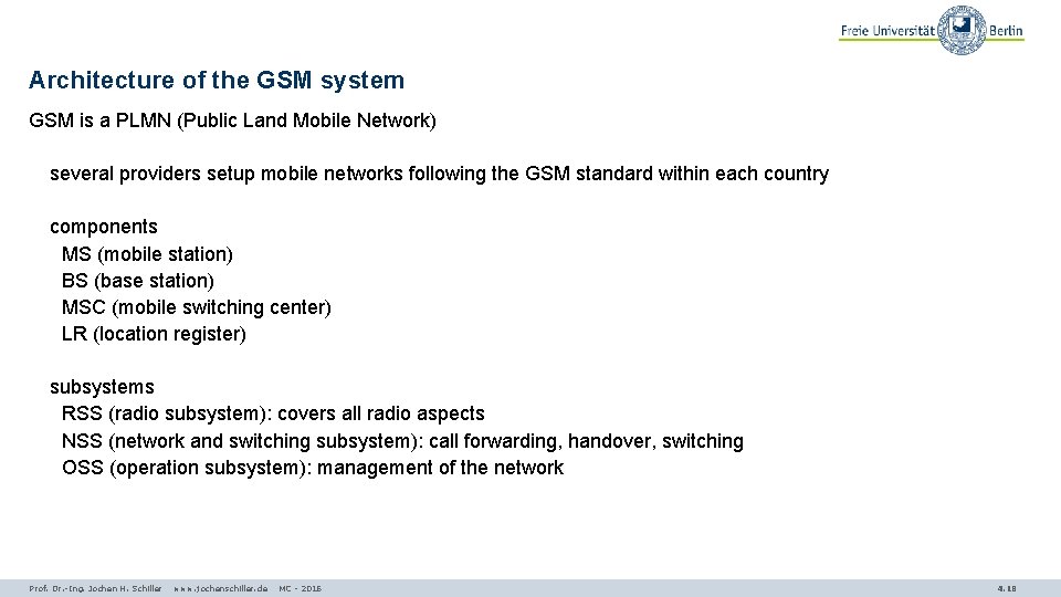 Architecture of the GSM system GSM is a PLMN (Public Land Mobile Network) several