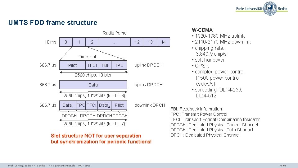 UMTS FDD frame structure Radio frame 10 ms 0 1 2 . . .