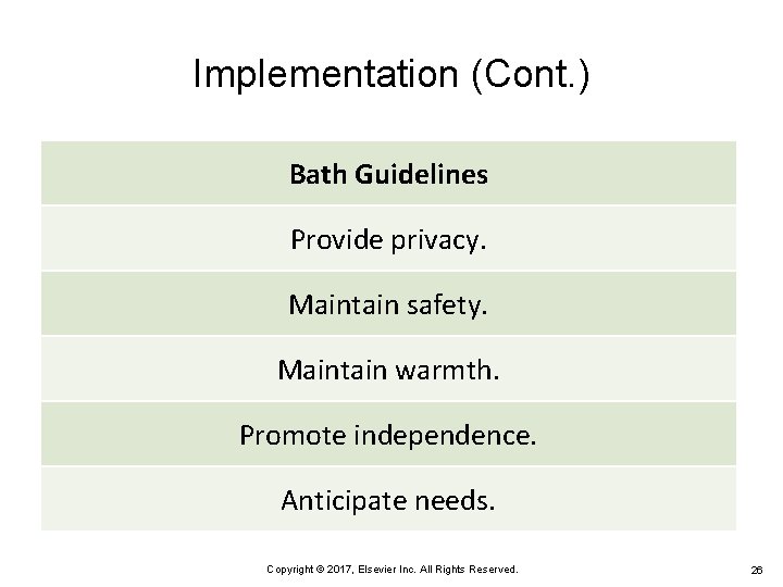 Implementation (Cont. ) Bath Guidelines Provide privacy. Maintain safety. Maintain warmth. Promote independence. Anticipate