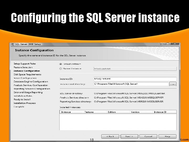 Configuring the SQL Server instance 18 