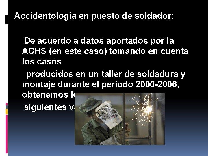 Accidentología en puesto de soldador: De acuerdo a datos aportados por la ACHS (en