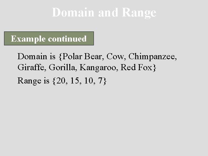 Domain and Range Example continued Domain is {Polar Bear, Cow, Chimpanzee, Giraffe, Gorilla, Kangaroo,