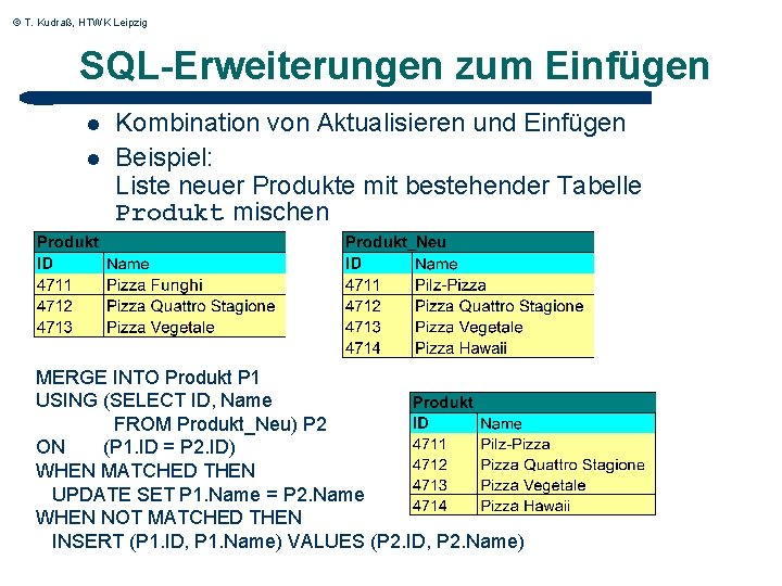 © T. Kudraß, HTWK Leipzig SQL-Erweiterungen zum Einfügen l l Kombination von Aktualisieren und