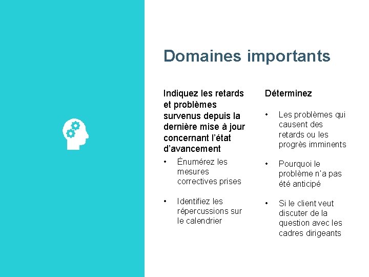 Domaines importants Indiquez les retards et problèmes survenus depuis la dernière mise à jour