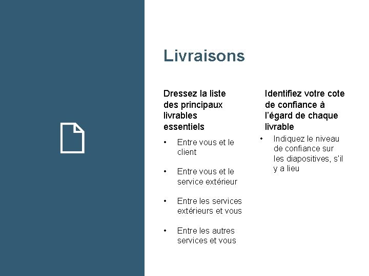 Livraisons Dressez la liste des principaux livrables essentiels • Entre vous et le client