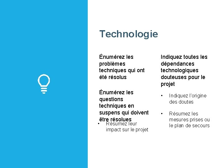 Technologie Énumérez les problèmes techniques qui ont été résolus Énumérez les questions techniques en