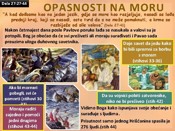 Dela 27: 27 -44 OPASNOSTI NA MORU “A kad dođosmo kao na jedan jezik,