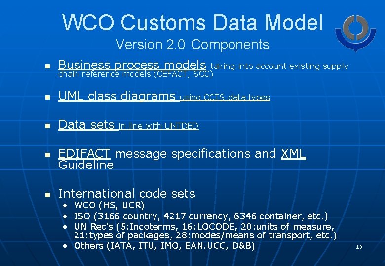 WCO Customs Data Model Version 2. 0 Components n Business process models n UML