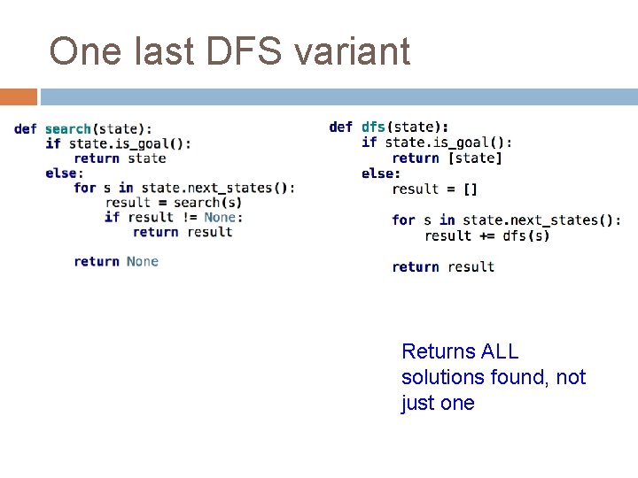 One last DFS variant Returns ALL solutions found, not just one 