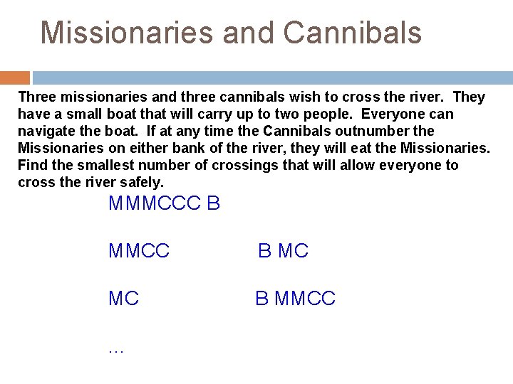 Missionaries and Cannibals Three missionaries and three cannibals wish to cross the river. They