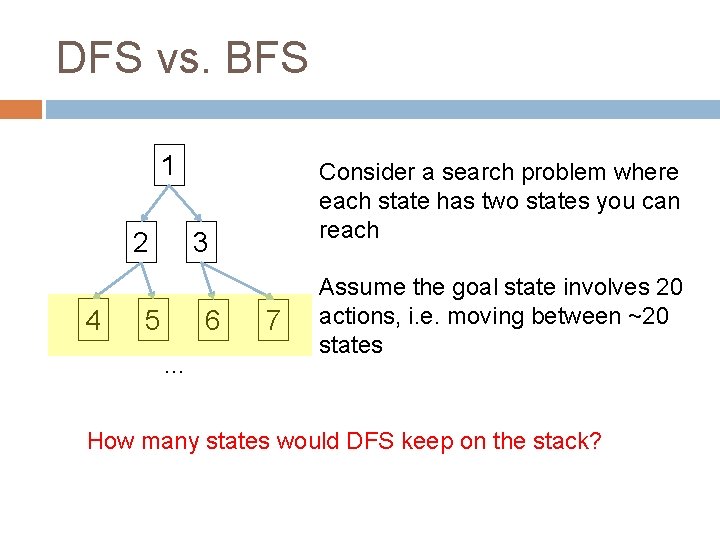 DFS vs. BFS 1 2 4 Consider a search problem where each state has