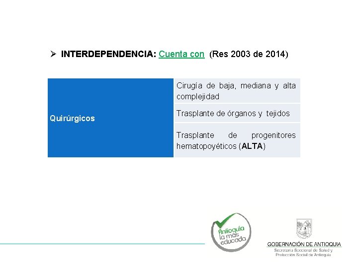 Ø INTERDEPENDENCIA: Cuenta con (Res 2003 de 2014) Cirugía de baja, mediana y alta