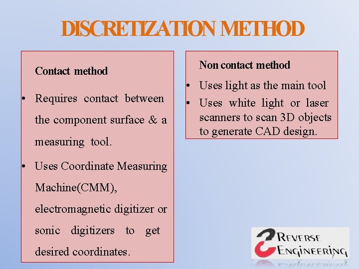 DISCRETIZATION METHOD Contact method • Requires contact between the component surface & a measuring