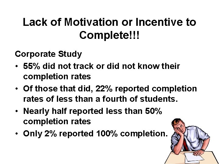 Lack of Motivation or Incentive to Complete!!! Corporate Study • 55% did not track