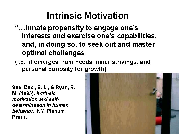 Intrinsic Motivation “…innate propensity to engage one’s interests and exercise one’s capabilities, and, in