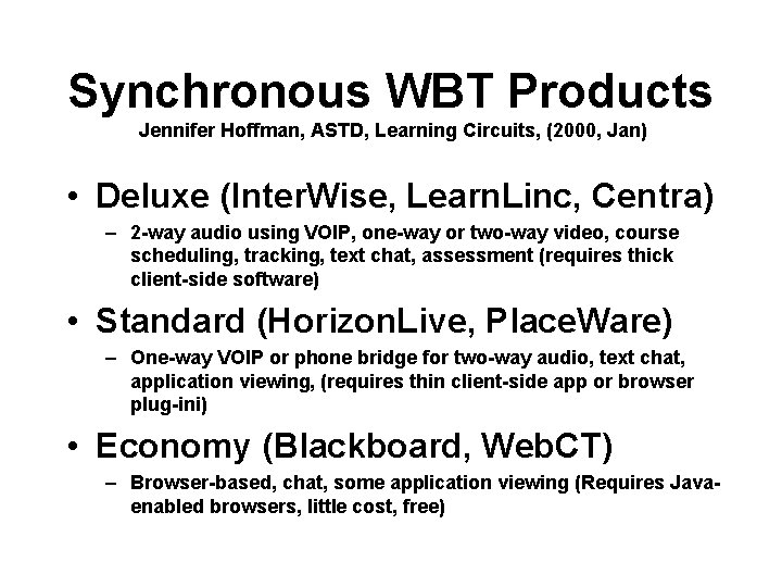 Synchronous WBT Products Jennifer Hoffman, ASTD, Learning Circuits, (2000, Jan) • Deluxe (Inter. Wise,
