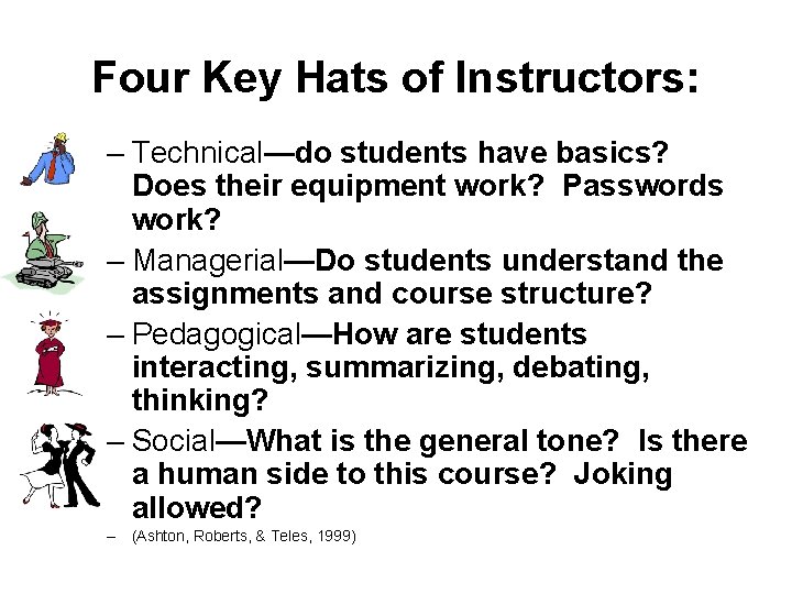 Four Key Hats of Instructors: – Technical—do students have basics? Does their equipment work?