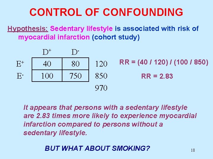 CONTROL OF CONFOUNDING Hypothesis: Sedentary lifestyle is associated with risk of myocardial infarction (cohort