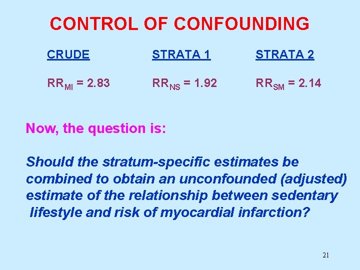 CONTROL OF CONFOUNDING CRUDE STRATA 1 STRATA 2 RRMI = 2. 83 RRNS =