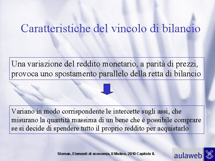 Caratteristiche del vincolo di bilancio Una variazione del reddito monetario, a parità di prezzi,