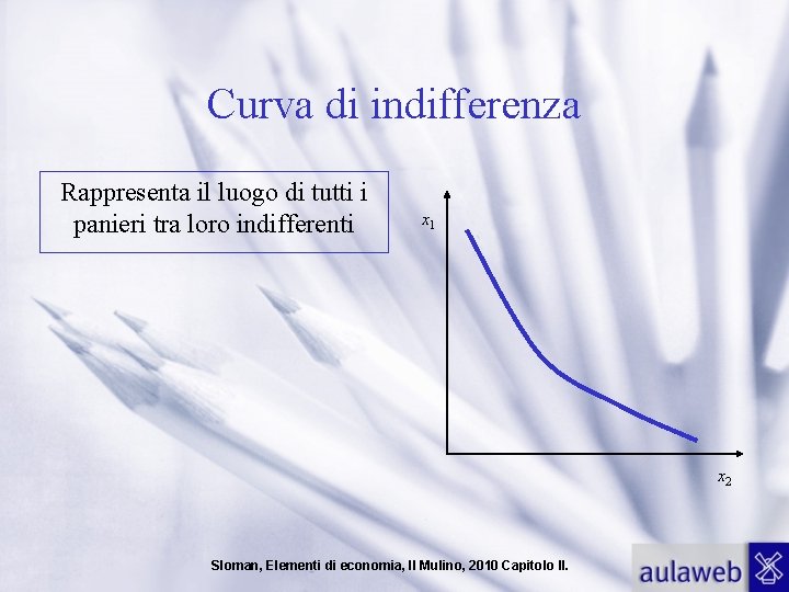 Curva di indifferenza Rappresenta il luogo di tutti i panieri tra loro indifferenti x