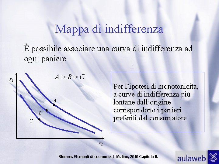 Mappa di indifferenza È possibile associare una curva di indifferenza ad ogni paniere A>B>C