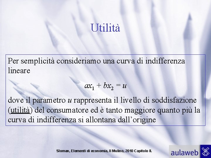 Utilità Per semplicità consideriamo una curva di indifferenza lineare ax 1 + bx 2