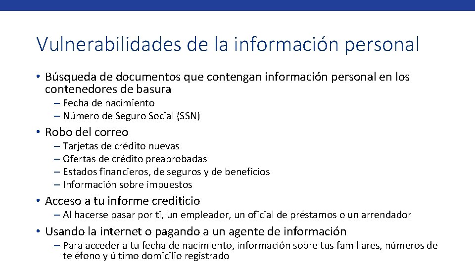 Vulnerabilidades de la información personal • Búsqueda de documentos que contengan información personal en