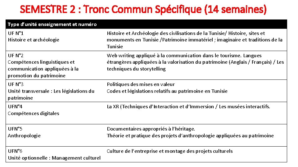 SEMESTRE 2 : Tronc Commun Spécifique (14 semaines) Type d’unité enseignement et numéro UF