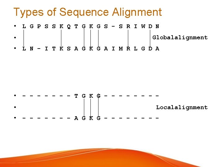 Types of Sequence Alignment • L G P S S K Q T G