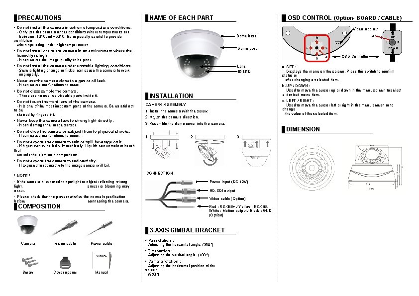 PRECAUTIONS NAME OF EACH PART • Do not install the camera in extreme temperature PRECAUTIONS NAME OF EACH PART • Do not install the camera in extreme temperature