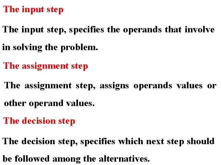 The input step, specifies the operands that involve in solving the problem. The assignment