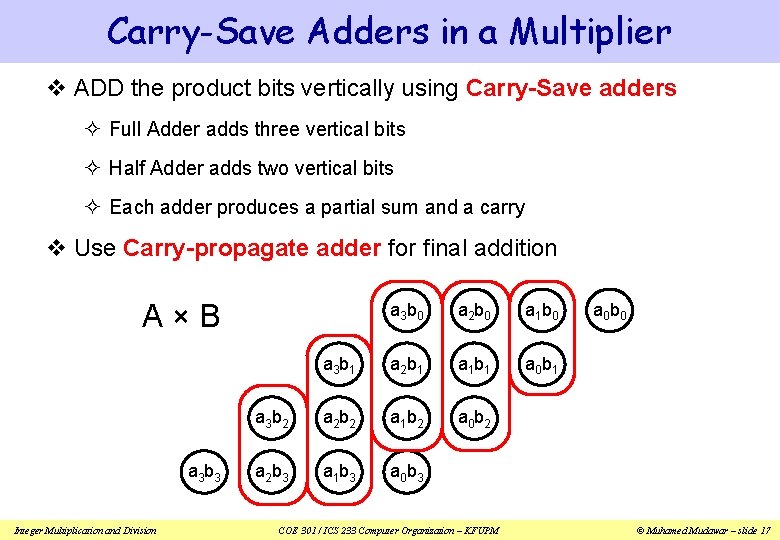Carry-Save Adders in a Multiplier v ADD the product bits vertically using Carry-Save adders