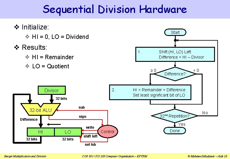 Sequential Division Hardware v Initialize: Start ² HI = 0, LO = Dividend v