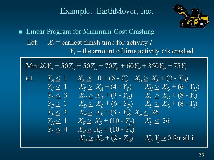Example: Earth. Mover, Inc. n Linear Program for Minimum-Cost Crashing Let: Xi = earliest