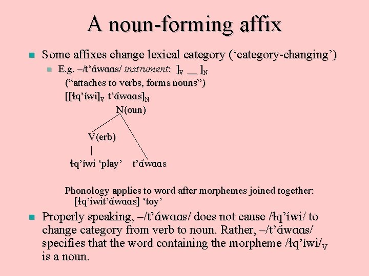 A noun-forming affix n Some affixes change lexical category (‘category-changing’) n E. g. –/t’A