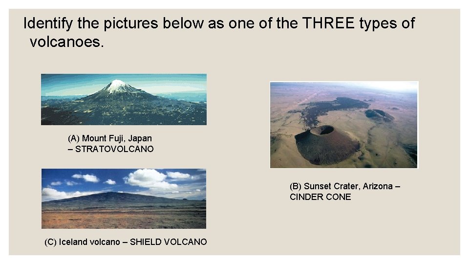 Identify the pictures below as one of the THREE types of volcanoes. (A) Mount
