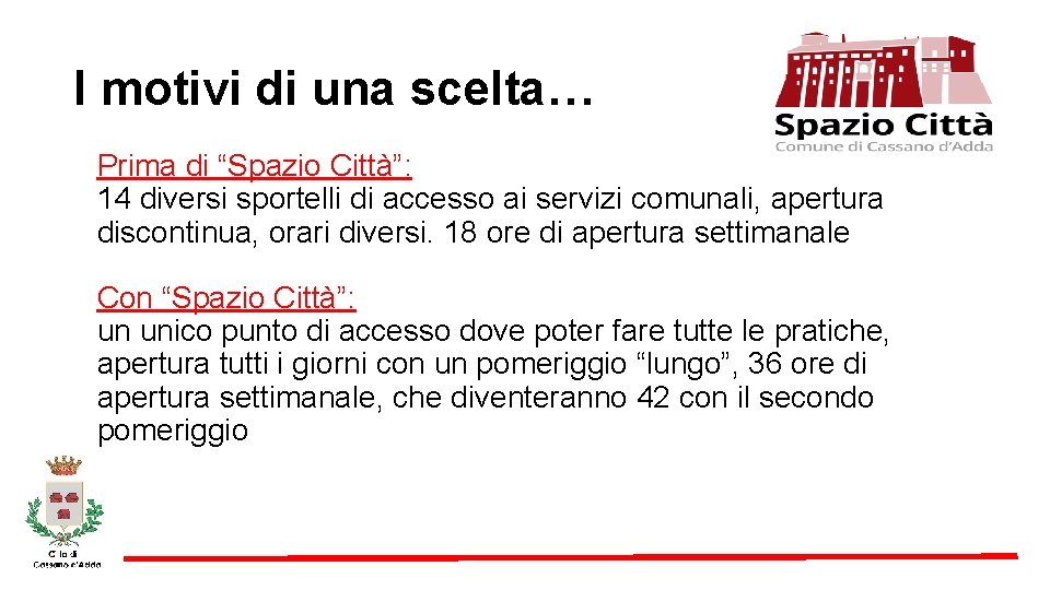 I motivi di una scelta… Prima di “Spazio Città”: 14 diversi sportelli di accesso