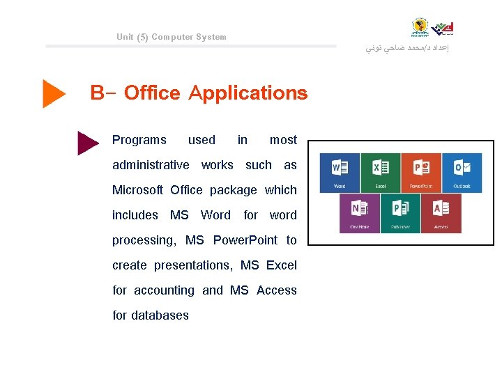 Unit (5) Computer System ﻣﺤﻤﺪ ﺿﺎﺣﻲ ﺗﻮﻧﻲ / ﺇﻋﺪﺍﺩ ﺩ B- Office Applications Programs