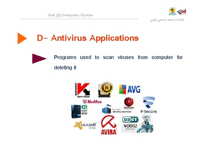 Unit (5) Computer System ﻣﺤﻤﺪ ﺿﺎﺣﻲ ﺗﻮﻧﻲ / ﺇﻋﺪﺍﺩ ﺩ D- Antivirus Applications Programs
