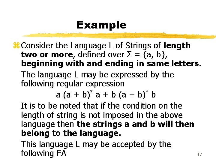 Example z Consider the Language L of Strings of length two or more, defined